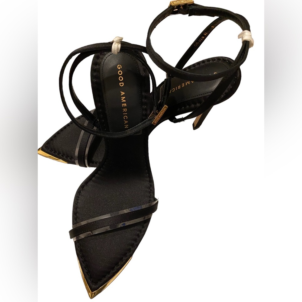 NEW Good American Black Strappy Stiletto Ankle Strap Pointed Gold tip Heels
